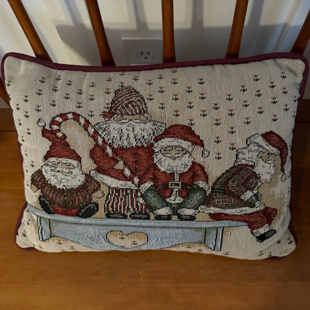 Vintage Christmas tapestry throw pillow Santas on a shelf